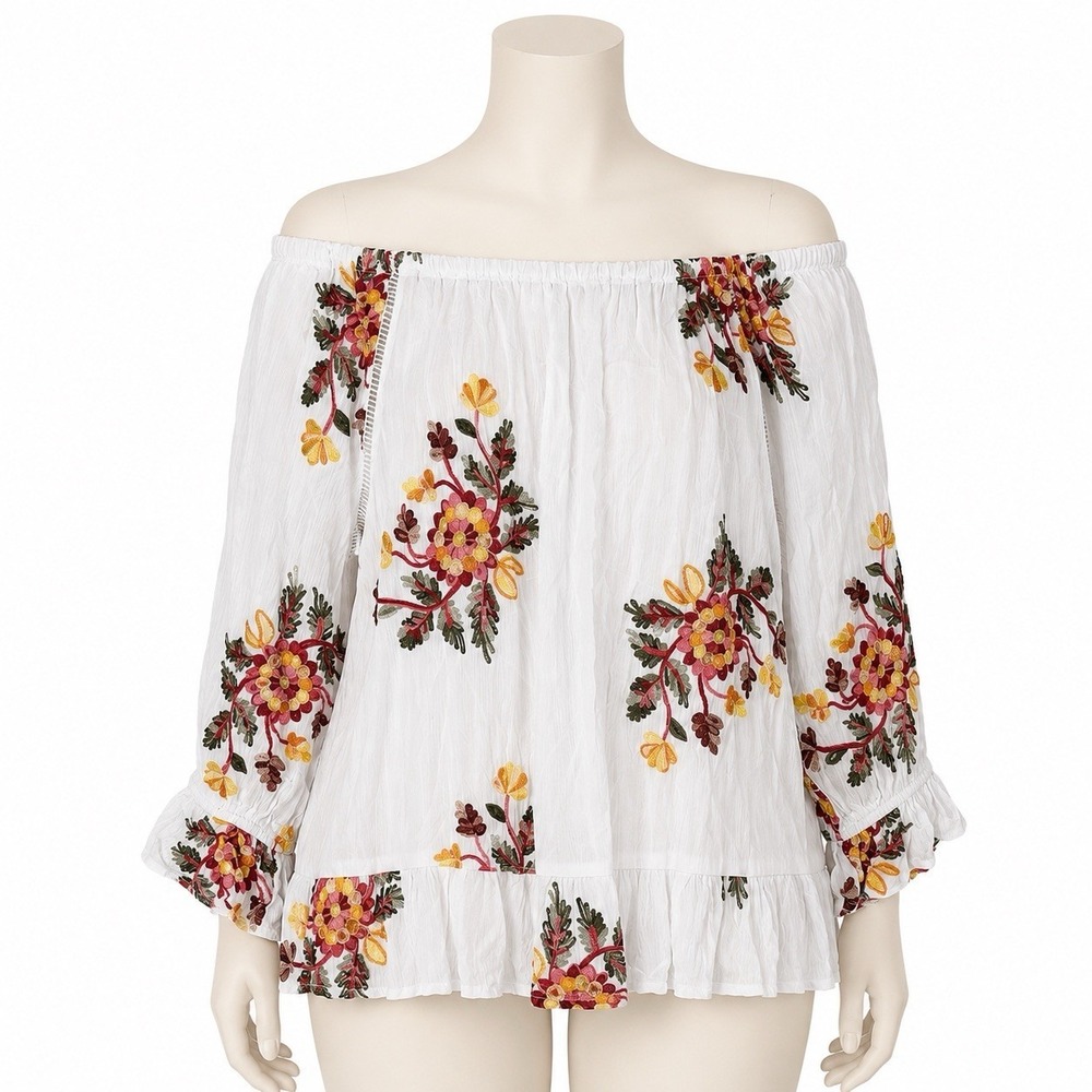 Liv Los Angeles M Medium Top White Embroidered Floral Gauze Peasant Blouse Boho